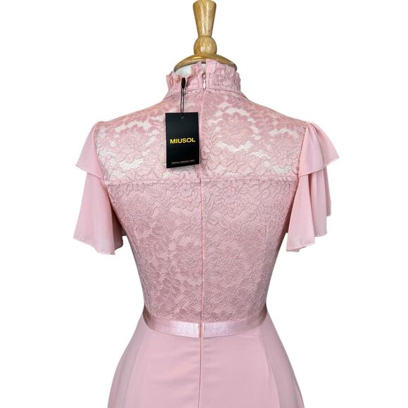 Womens Dusty Pink Floral Lace Butterfly Sleeve High Neck Maxi Formal Dress Small - Picture 11 of 16